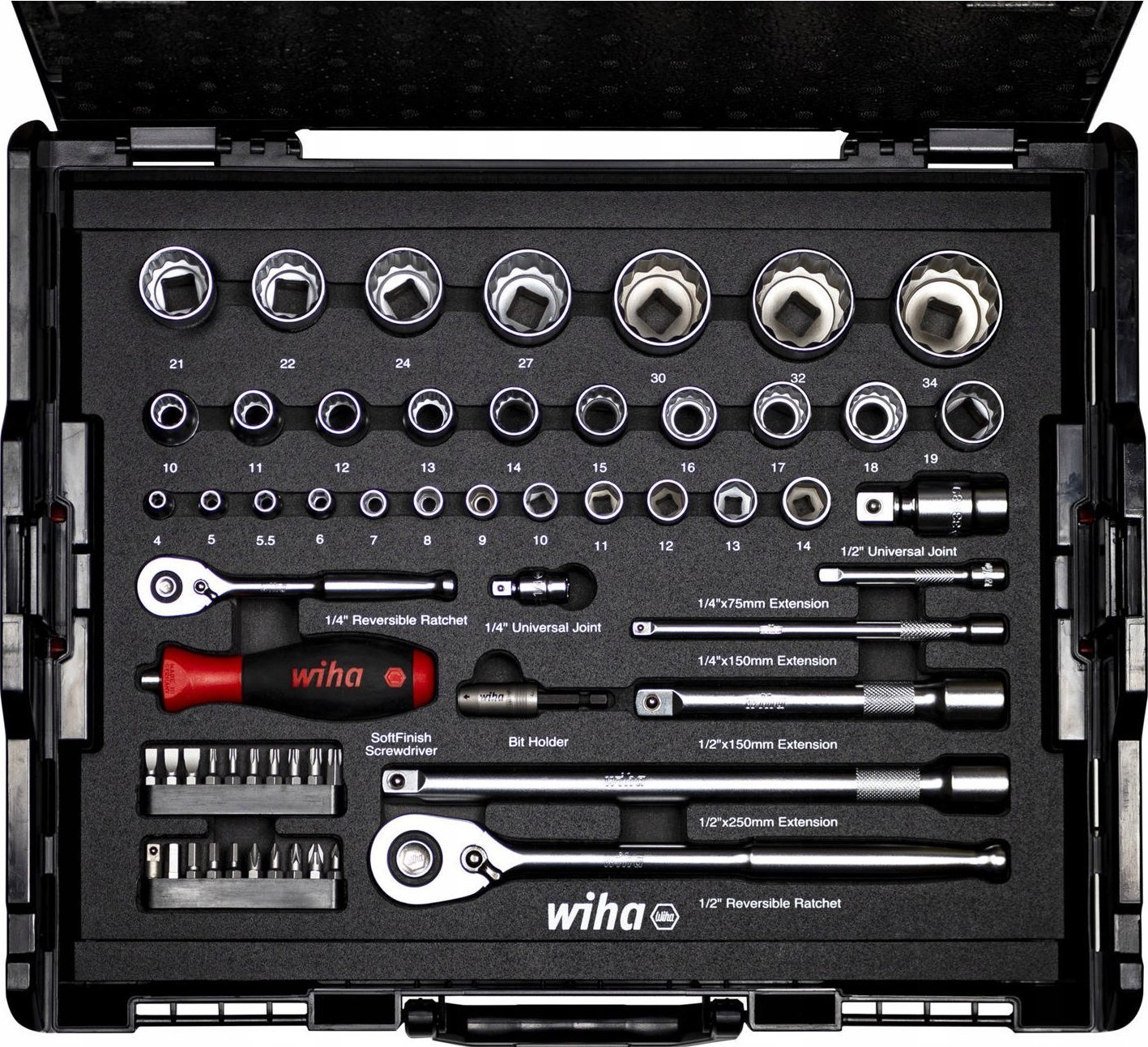 Wiha socket wrench and bit set 1/4 and 1/2, 60 pieces with 2 ratchets and plug-in handle, in L-BOXX
