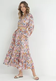 Sukienki - Ciemnoróżowa Koszulowa Sukienka Maxi w Kwiaty z Paskiem Bophin - grafika 1