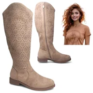Botki damskie - Kozaki Damskie Kowbojki Ażurowe Zamszowe Jesienne Eleganckie Beż Barski 37 - miniaturka - grafika 1