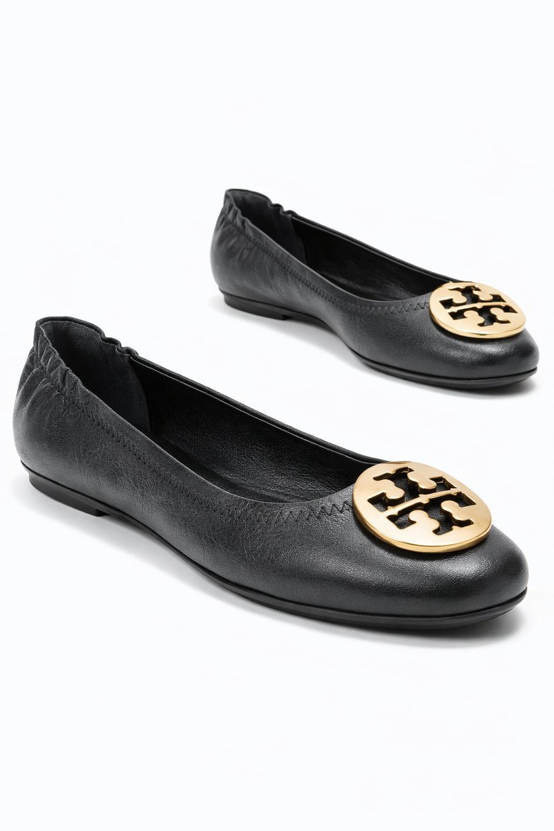 TORY BURCH CZARNE SKÓRZANE BALERINY Z OZDOBĄ LOGO 40 1I4A