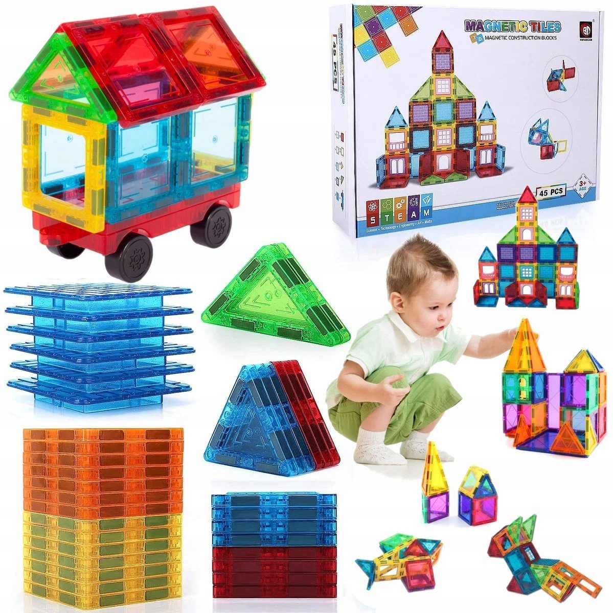 DUŻE KLOCKI MAGNETYCZNE konstrukcyjne zestaw 45 el Panele Magnetic Tiles 3D