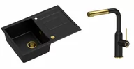 Zlewozmywaki z baterią - Quadron Zlewozmywak granitowy jednokomorowy 78*50*22 cm z ociekaczem MORGAN 111 PURE CARBON czarny ze złotym odpływem z baterią ANGELINA Q LINE PURE CARBON z wyciąganą wylewką kolor czarny mat/wykończenie złote - miniaturka - grafika 1