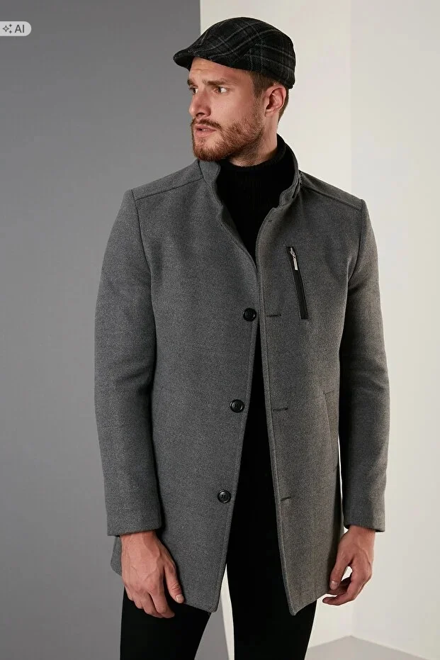 MĘSKI GŁADKI PŁASZCZ MELANŻOWY Z ELEGANCKIM ZAMKIEM XL 5IA