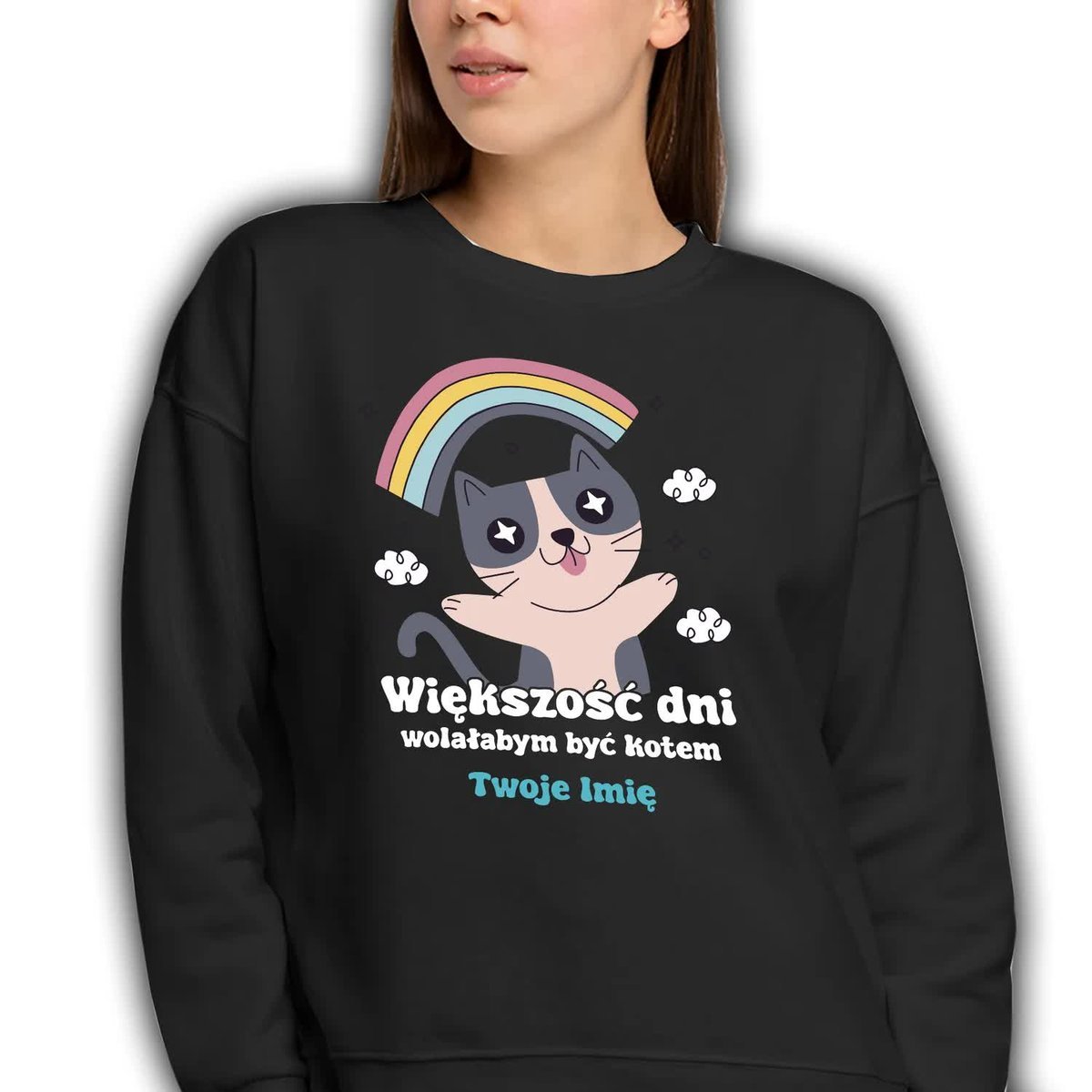 BLUZA CZARNA Dresowa Damska Na Prezent WOLĘ BYĆ KOTKIEM IMIĘ Wzory - M