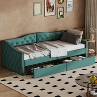 Łóżka dla dzieci i młodzieży - Merax rozkładana sofa 90x200cm z 2 szufladami i stelażem z listew, łóżko tapicerowane lnem łóżko dziecięce rozkładana sofa łóżko pojedyncze z podłokietnikami, zielone - miniaturka - grafika 1