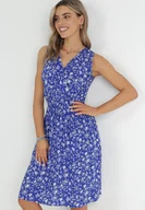 Sukienki - Granatowa Sukienka z Wiskozy Marszczoną Gumką w Pasie i Kopertowym Dekoltem Nivih - miniaturka - grafika 1