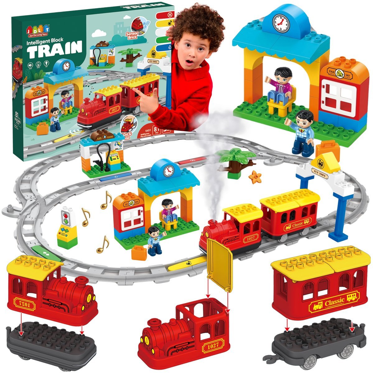 POCIĄG PAROWY KLOCKI KONSTRUKCYJNE ZESTAW 81 SZT LOKOMOTYWA INTERAKTYWNA 3+