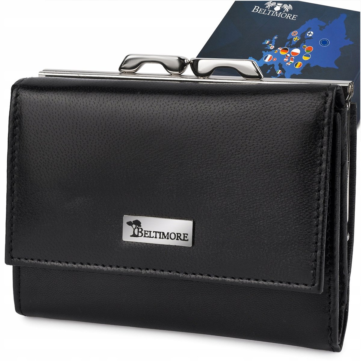 Portfel skórzany damski RFiD skóra na karty bigiel średni czarny Beltimore