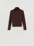 Koszulki i topy damskie - Reserved - Longsleeve z golfem - ciemnobrązowy - miniaturka - grafika 1