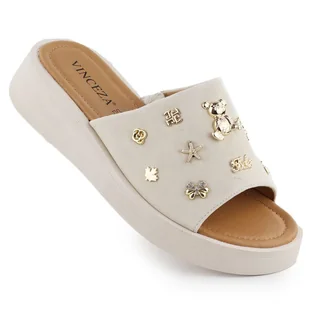 Skórzane klapki damskie na koturnie z ozdobami beżowe Vinceza 66741 beżowy - Klapki i japonki damskie - miniaturka - grafika 1