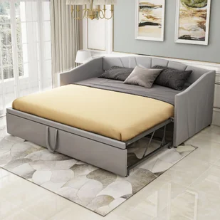 Łóżko rozkładane Merax 90x200cm/180x200cm, rozkładana sofa z listwowym stelażem i podłokietnikami, łóżko tapicerowane aksamitem, sofa dla dzieci, szara - Łóżka dla dzieci i młodzieży - miniaturka - grafika 1