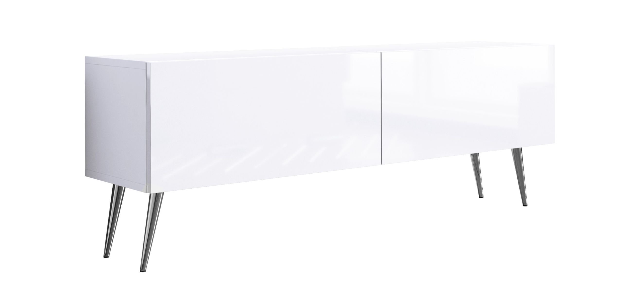 Szafka pod TV biały mat / biały połysk, chromowane nóżki, A: szer: 140 cm, wys: 52 cm, gł: 32 cm