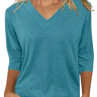 Bluzki damskie - TEMU Bluzka Damska z Rękawami 3/4 i Dekoltem w Serek - Oddychająca, Luźna Koszula na Co Dzień, Jednokolorowa Wszechsezonowa do Stylizacji i - miniaturka - grafika 1