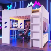 Łóżka dla dzieci i młodzieży - Łóżko piętrowe 140 x 200 cm z biurkiem, 2 szufladami i szafą - sosna + MDF + sklejka - diody LED, USB i Type-C - białe (bez materaca) - miniaturka - grafika 1