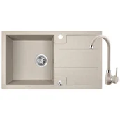 Zlewozmywaki - Laveo Barbados - zlewozmywak 1-komorowy z ociekaczem z baterią granitową z wylewką U beż SBBA411T - miniaturka - grafika 1