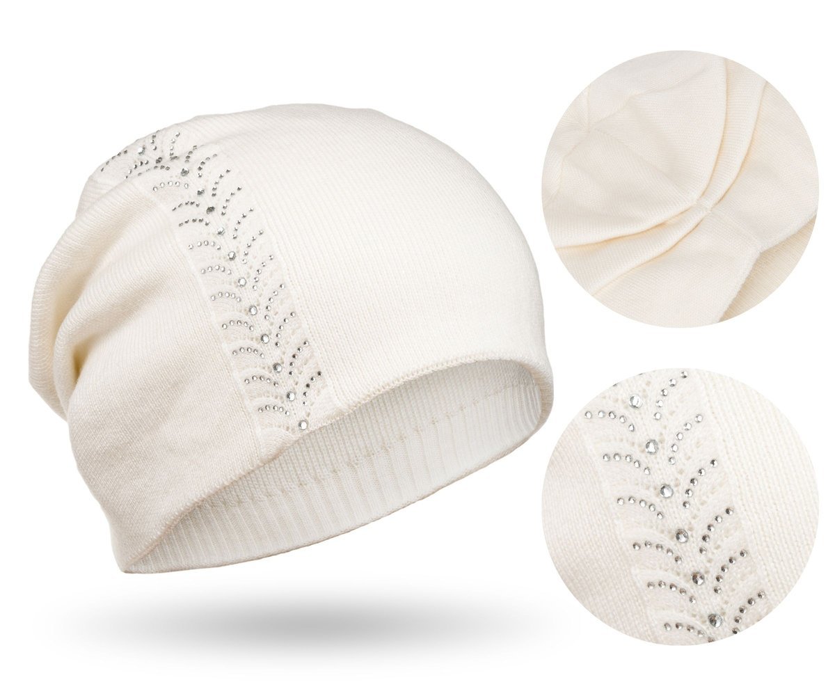 Biała czapka damska slouchy zimowa lekka beanie wzór z kryształków PETERSON
