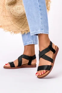 Czarne sandały płaskie z gumką paski na krzyż Casu ER22X1-B - Sandały damskie - miniaturka - grafika 1
