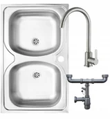 Zlewozmywaki - Zlewozmywak dwukomorowy stalowy 80x50 + otwór na baterię + syfon + bateria - miniaturka - grafika 1