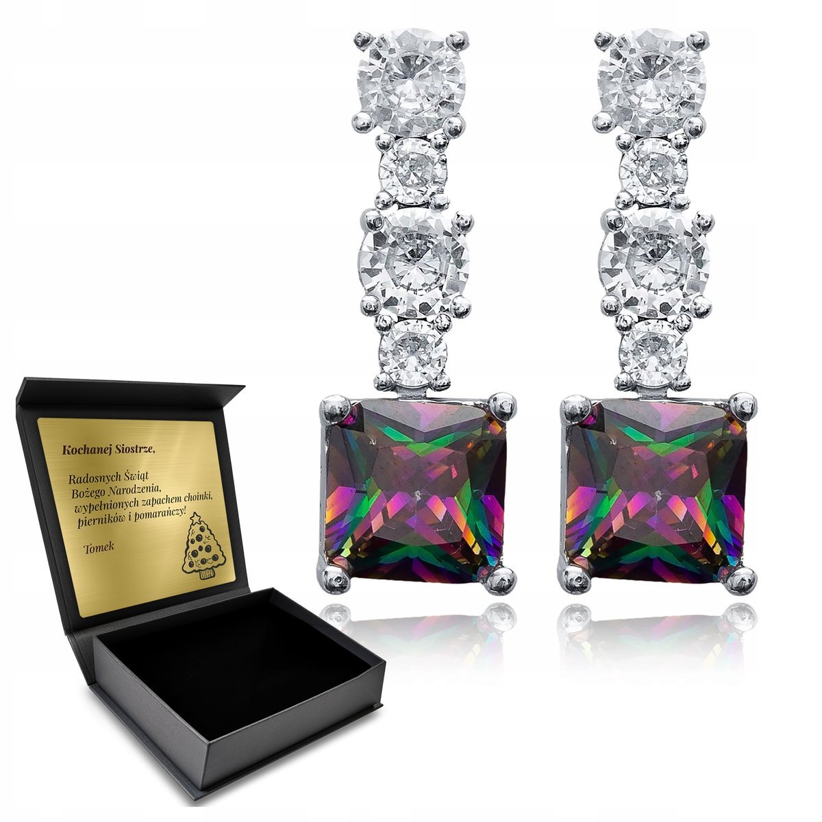 Kolczyki Srebrne 925 Cyrkonie Topaz Biżuteria Dla Kobiety + Grawer