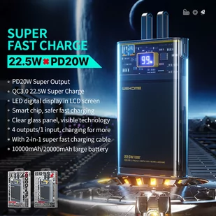 WEKOME WP-323 Vanguard Series - Power bank 10000 mAh Super Charging z wbudowanym kablem USB-C & Lightning PD 20W + QC 22.5W (Czarny / Przezroczysty) - Powerbanki - miniaturka - grafika 2