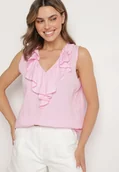 Bluzki damskie - Różowa Bluzka z Wiskozą Zdobiona Falbaną przy Dekolcie Palissea - miniaturka - grafika 1
