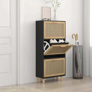 Szafka na buty czarna 52x25x115 cm materiał drewnopochodny i naturalny rattan - Szafki na buty - miniaturka - grafika 1