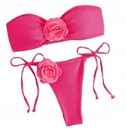 Stroje kąpielowe - Strój Kąpielowy Bikini Dwuczęściowy Z Ozdobnymi Kwiatami Bandeau Różowy Xl - miniaturka - grafika 1