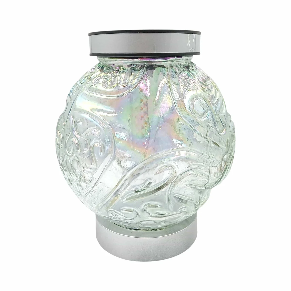Znicz solarny szklany - kulka - srebrny - 24 cm