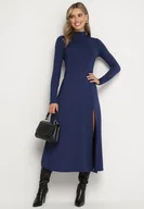 Sukienki - Granatowa Sukienka z Półgolfem Taliowana z Rozcięciem na Boku Sailea - miniaturka - grafika 1