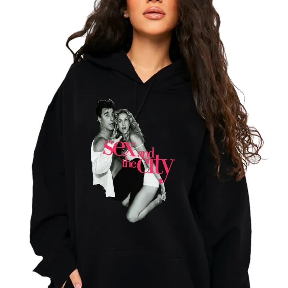Bluza Czarna Damska z Kapturem SEX W WIELKIM MIEŚCIE Dla Fanek Wzory - XL