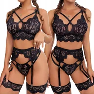 Komplety bielizny - KOMPLET 5 CZĘŚCI SEK SOWNA BIELIZNA EROTYCZNA STANIK KORONKA TOP FIGI ROZMIAR S/M - miniaturka - grafika 1