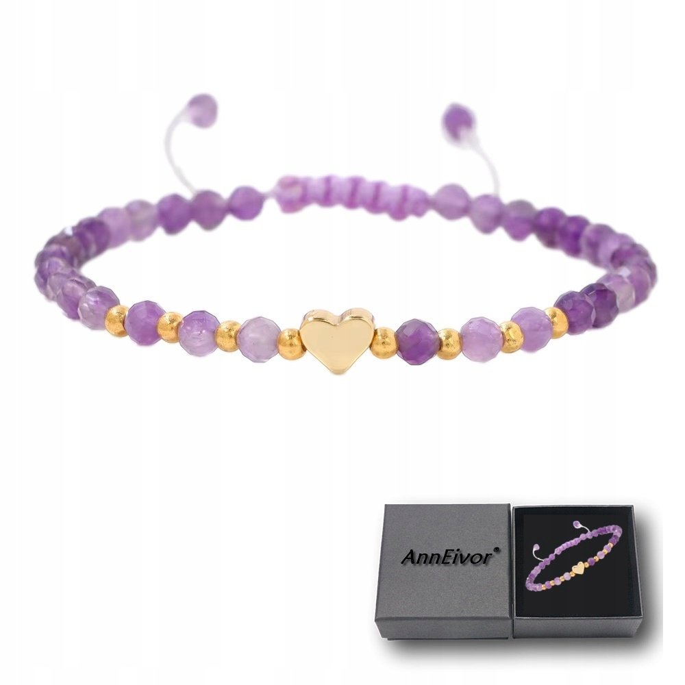 Bransoletka Damska Koraliki 4 mm Fasetki Serce Kamień Naturalny Ametyst