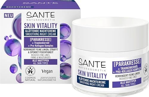SANTE Naturkosmetik Face Skin Vitality krem na noc, regenerujący krem nawilżający z rzeżuchą, olejkiem z pestek winogron i pro-kolagenem, przeciwzmarszczkowa pielęgnacja na noc, do wszystkich rodzajów