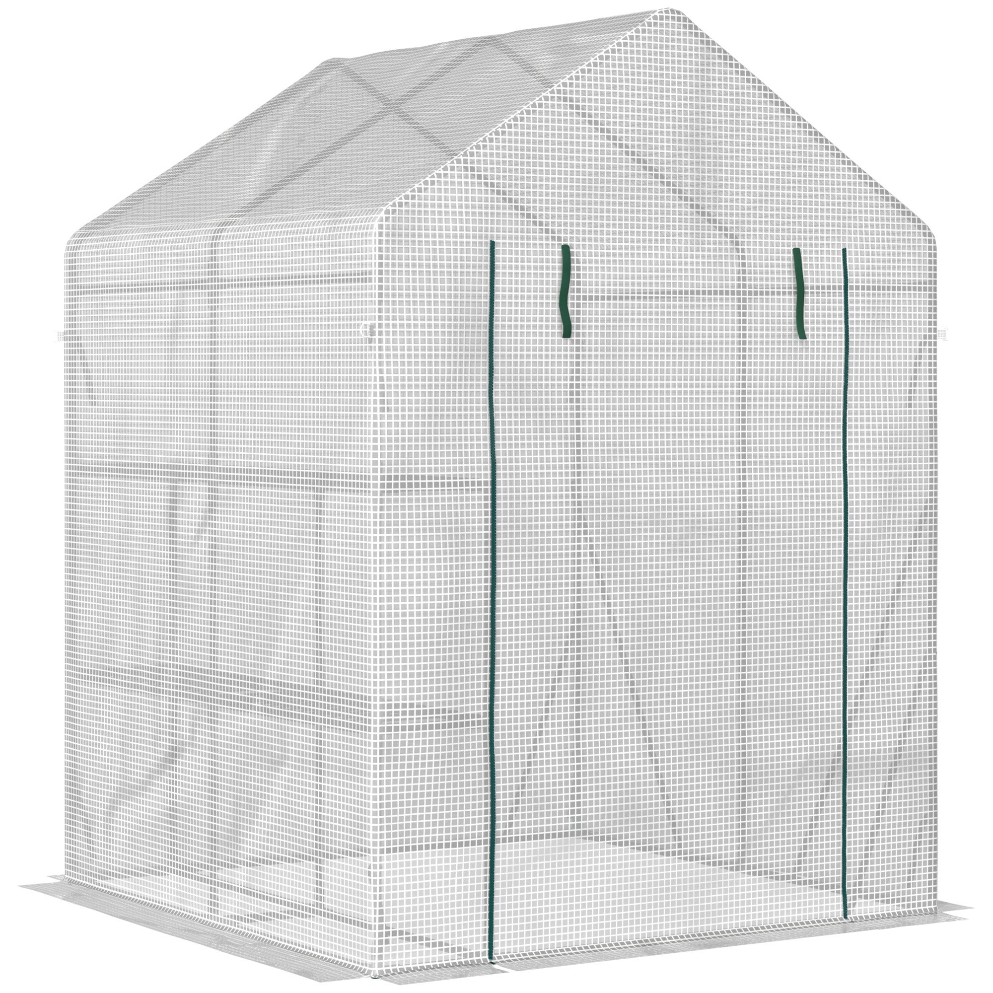 Outsunny Szklarnia Walk-in z 4 półkami Szklarnia na pomidory Szklarnia Chłodnia z drzwiami na zamek błyskawiczny Biała Stal PE Plastik 143 x 143 x 195 cm