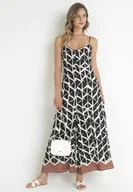 Kombinezony - Czarny Wzorzysty Kombinezon na Ramiączkach z Długimi Nogawkami z Wiskozy Jarie - miniaturka - grafika 1