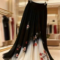 Spódnice - TEMU Elegancka spódnica o średniej długości w kształcie litery A z wysokim stanem i warstwową siateczką Kwiatowy wzór, kontrastowe detale z - miniaturka - grafika 1