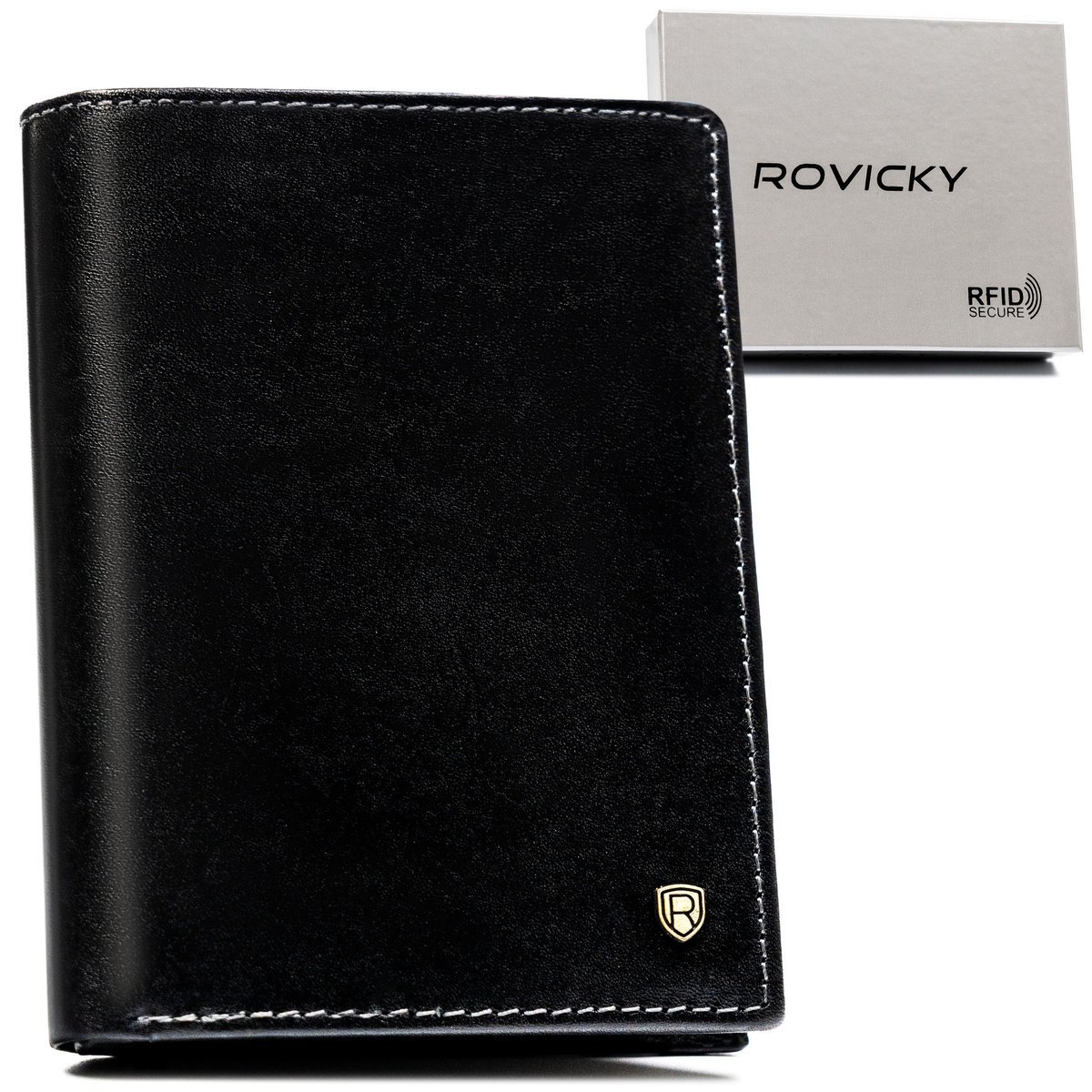 Rovicky portfel męski skórzany klasyczny czarny ochrona RFID pojemny na prezent