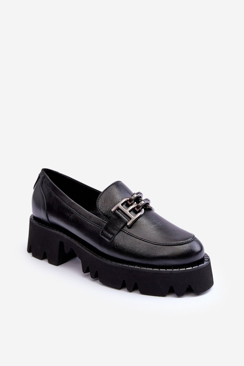Damskie Skórzane Półbuty Loafersy Z Ozdobą Laura Messi 2699 Czarne-41