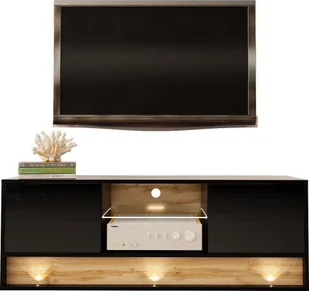 MEGSTYL SZAFKA RTV 140CM Z WSTAWKĄ DĄB WOTAN - VISION 3 Czarny - Wotan mat - Czarny połysk - Szafki RTV - miniaturka - grafika 1
