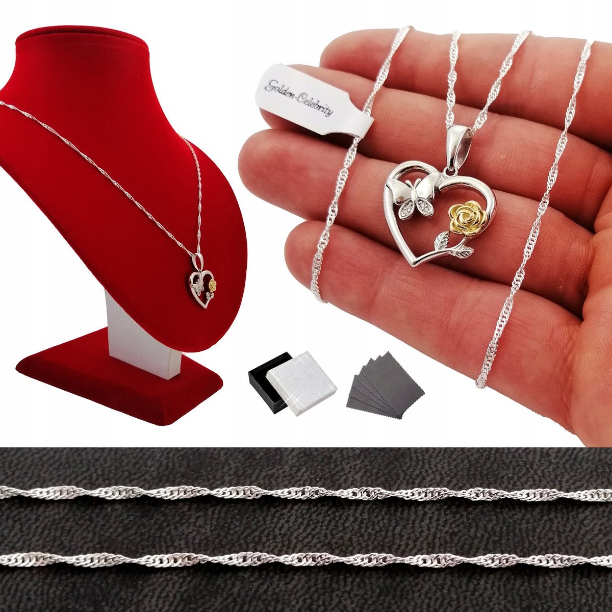 Naszyjnik Srebrny Serce Z Różą+Motylem 925 Na Prezent Dla Przyjaciółki