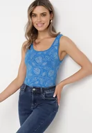 Bluzki damskie - Niebieski Elastyczny Top Bawełniany we Florystyczny Wzór Danilera - miniaturka - grafika 1