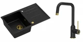 Zlewozmywaki z baterią - Quadron Unique Zlewozmywak granitowy jednokomorowy 78*50*22 cm z ociekaczem MORGAN 111 PURE CARBON z syfonem Push-2-Open w kolorze złotym z baterią NATALIE Q LINE PURE CARBON kolor czarny mat/wykończenie złote - miniaturka - grafika 1