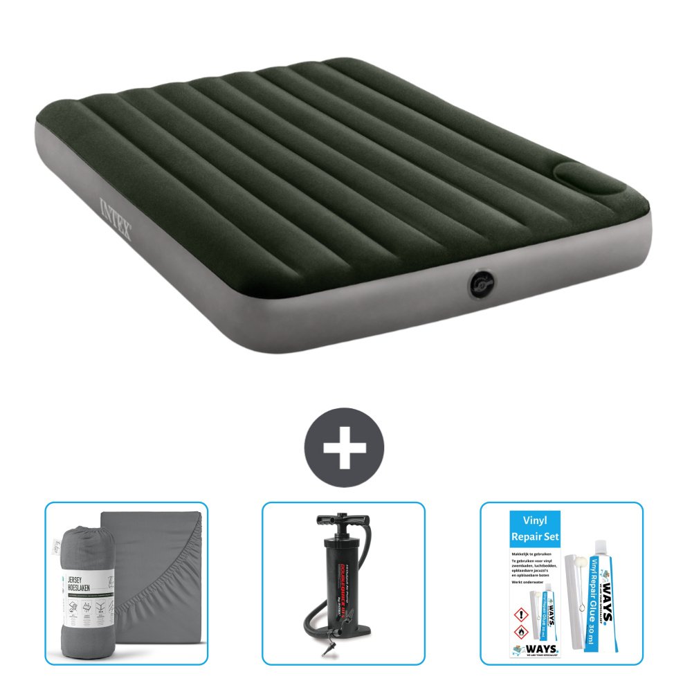 Dmuchane łóżko Intex - 2 osoby - 152 x 203 x 25 cm - zielone - prześcieradło - pompka i zestaw naprawczy