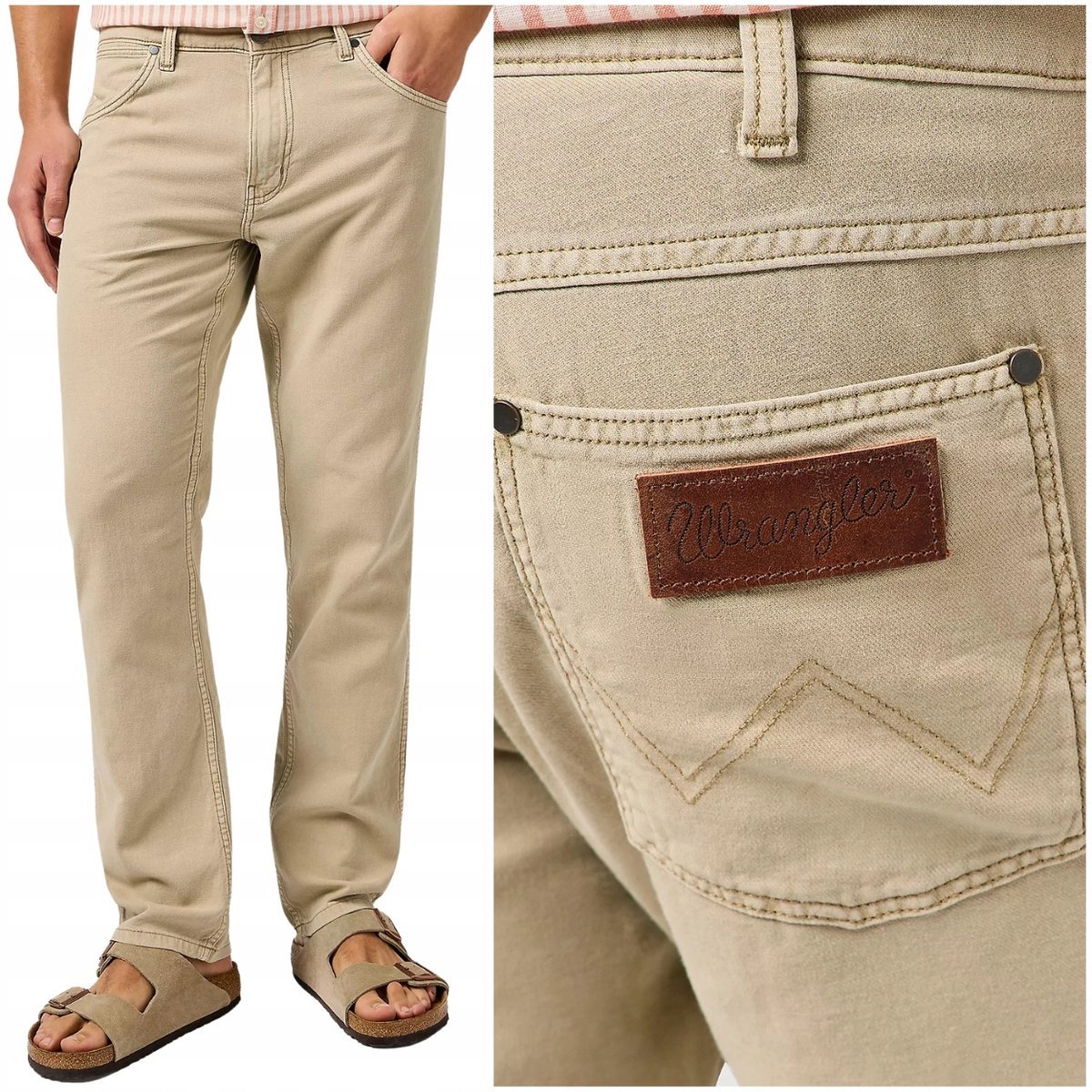 Wrangler GREENSBORO cienkie beżowe proste spodnie materiałowe len W42 L34