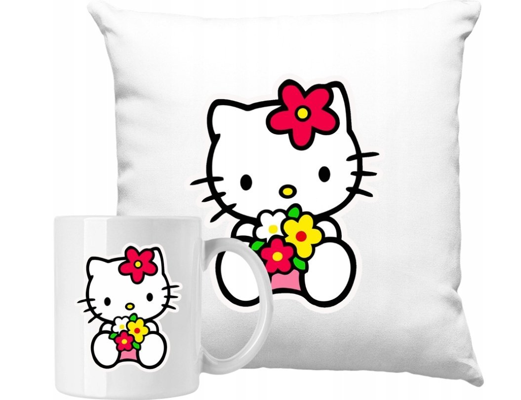 ZESTAW PODUSZKA + KUBEK Hello Kitty Kotek Kwiaty Pomysł Na Prezent +IMIĘ