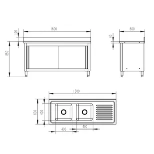 Stół do mycia ze stali nierdzewnej z szafką, 2 zlewozmywaki, 1600 x 600 x 850 mm - Stoły gastronomiczne - miniaturka - grafika 2