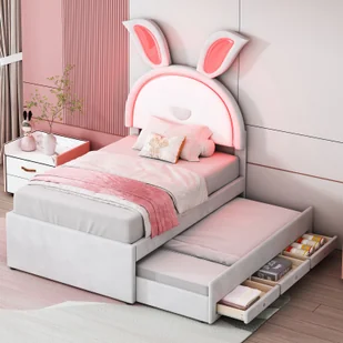 Łóżko tapicerowane Fortuna Lai 90 x 200 cm, wielofunkcyjne tapicerowane łóżko pojedyncze-sofa z wysuwanym łóżkiem, łóżko dziecięce, szuflada do przechowywania i zmieniające kolor oświetlenie LED, tkanina aksamitna, beżowy - Łóżka dla dzieci i młodzieży - miniaturka - grafika 1