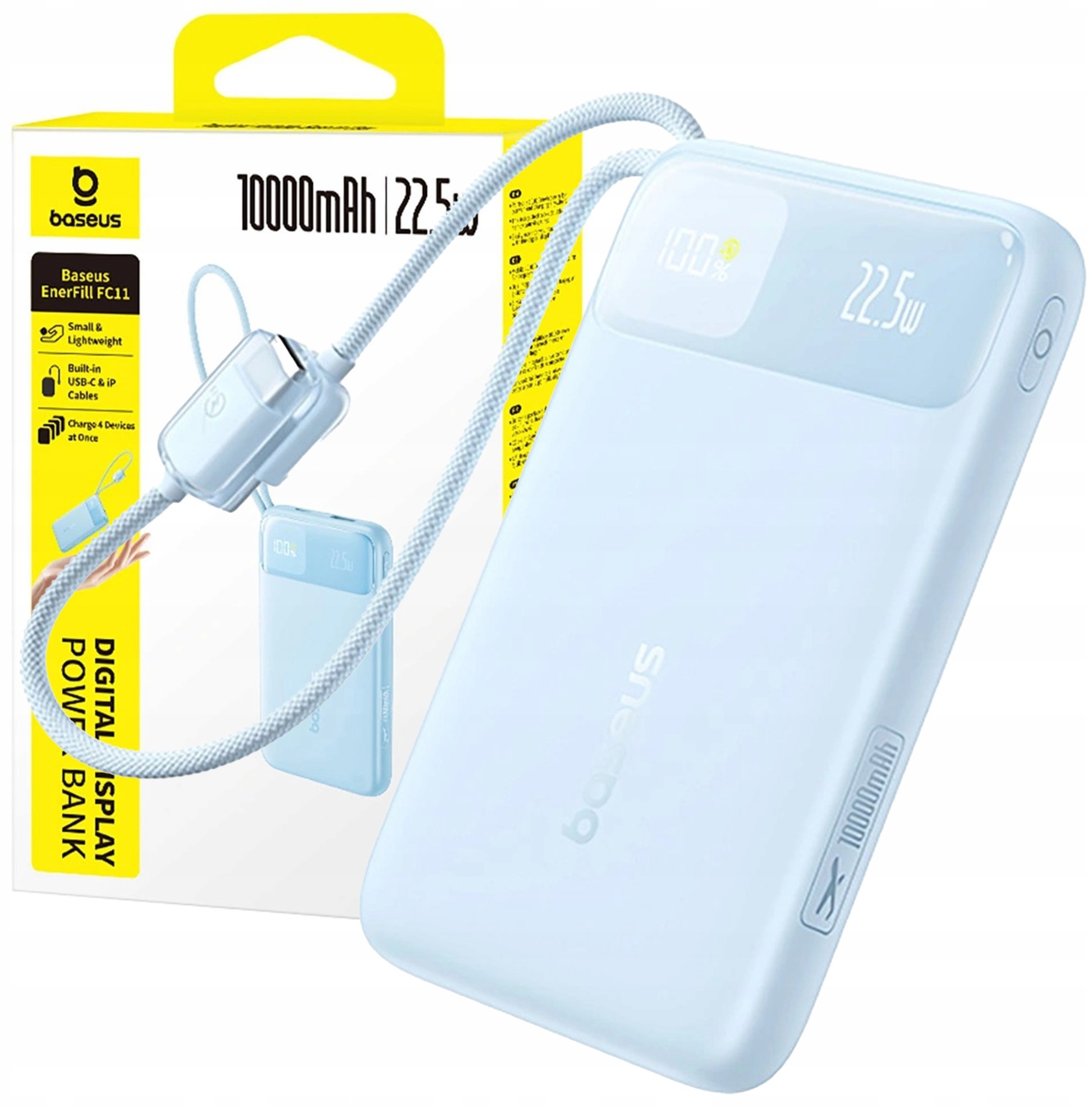 Powerbank Baseus Powerbank Baseus EnerFill FC11 10000mAh 22.5W z wyświetlaczem cyfrowym i dwoma wbudowanymi kablami - niebieski