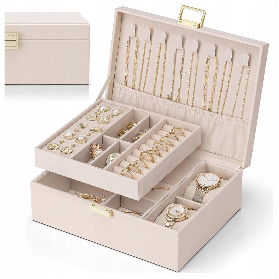 NOWOCZESNA AKSAMITNA SZKATUŁKA NA BIŻUTERIĘ 2 POZIOMY ORGANIZERY PREZENT