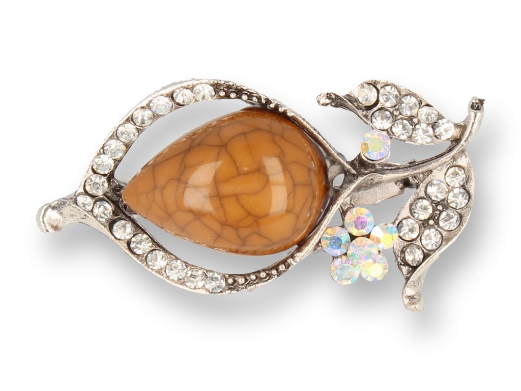 BROSZKA damska brązowy kwiat z srebrnymi listkami